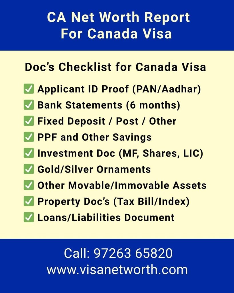 Networth Certificate for Canada Visa Document Checklist