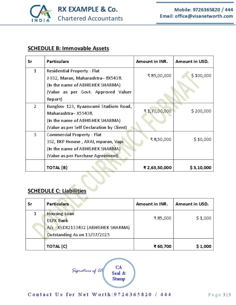 Asset Statement of CA in Foreign Currency for Visa