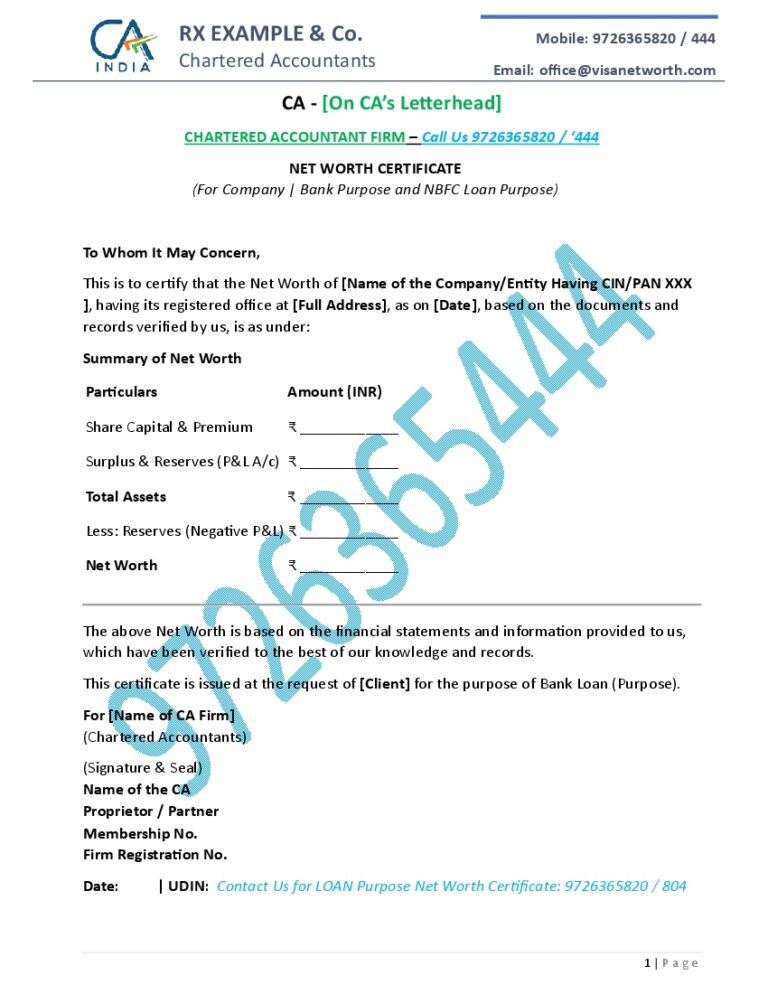 CA Net Worth Report Format for LLP Pvt Ltd Firm