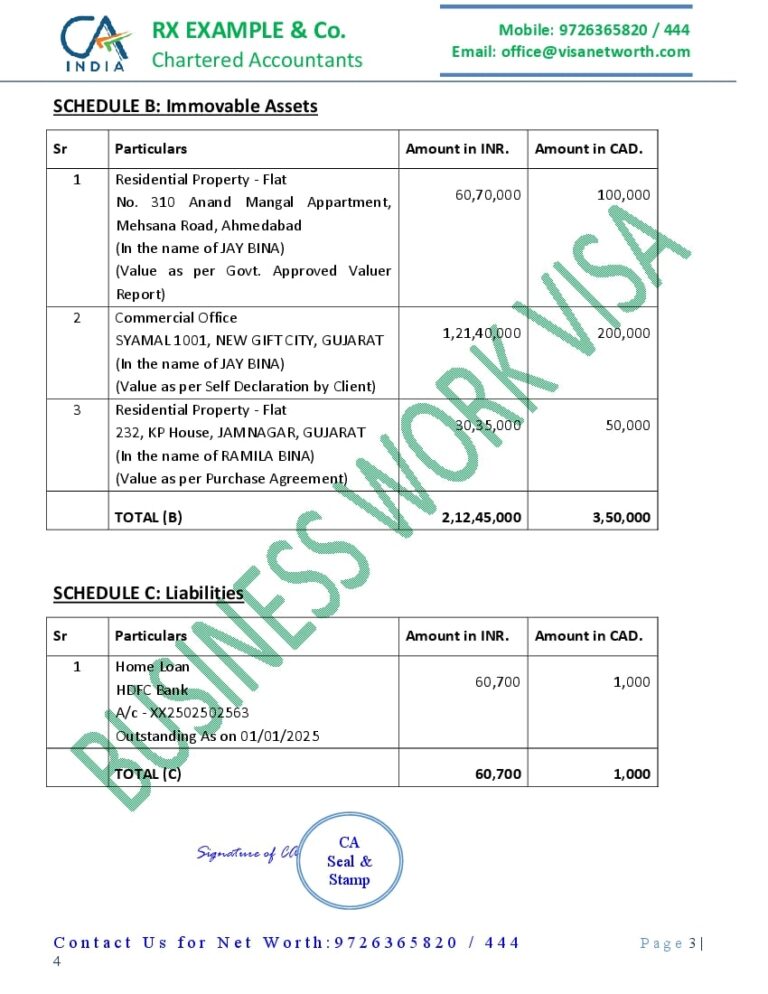 CA Net Worth Report for USA Employment Visa