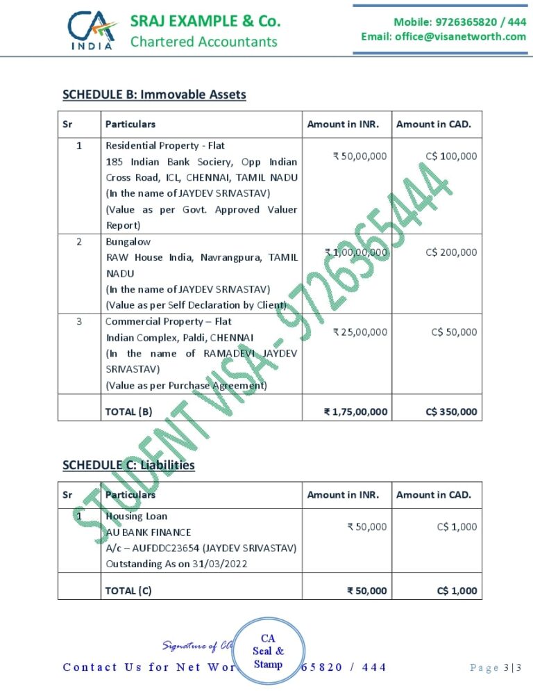 CA Net Worth Report of Sponsor for Visa