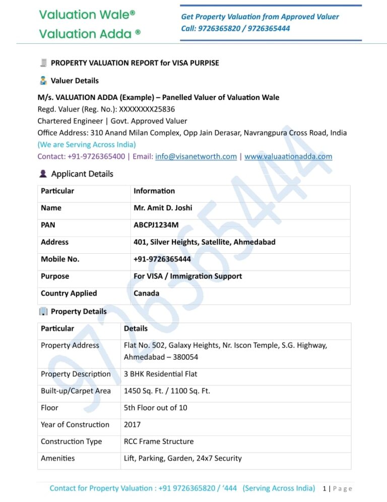 Chartered Engineer Valuer Report Format for Visa