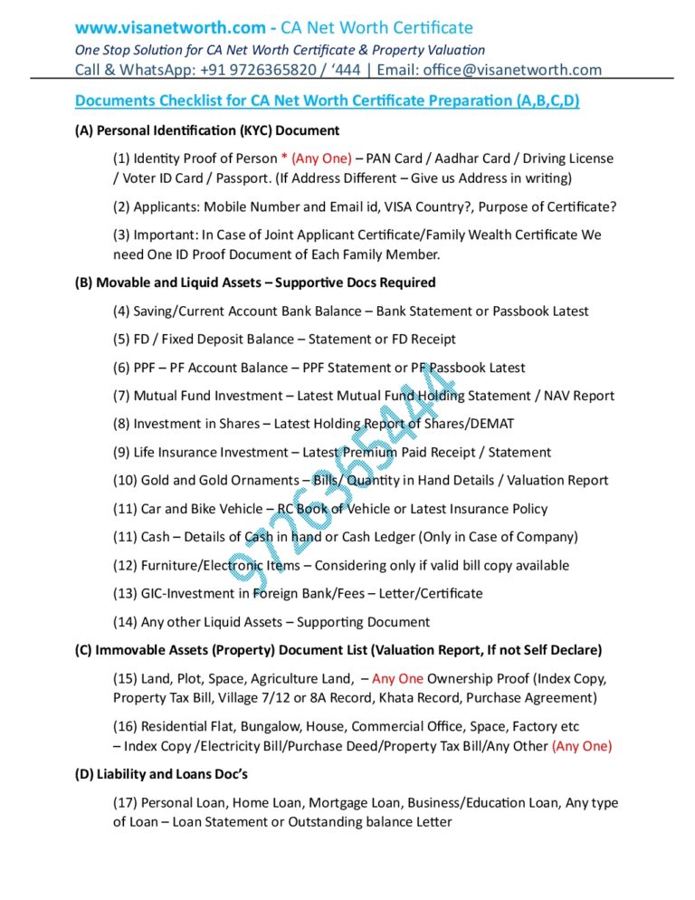Documents Checklist for Net Worth Certificate