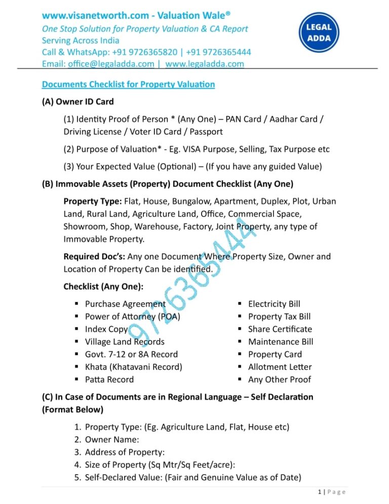 Documents Checklist for Property Valuation