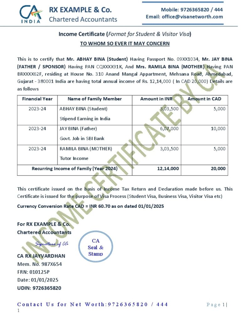 Income Certificate by CA for Visa