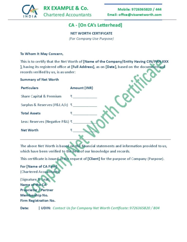 Net Worth Certificate For Company Purpose