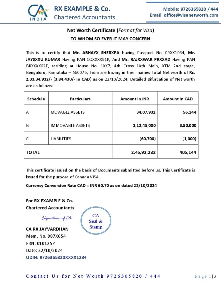 Net Worth Certificate Format
