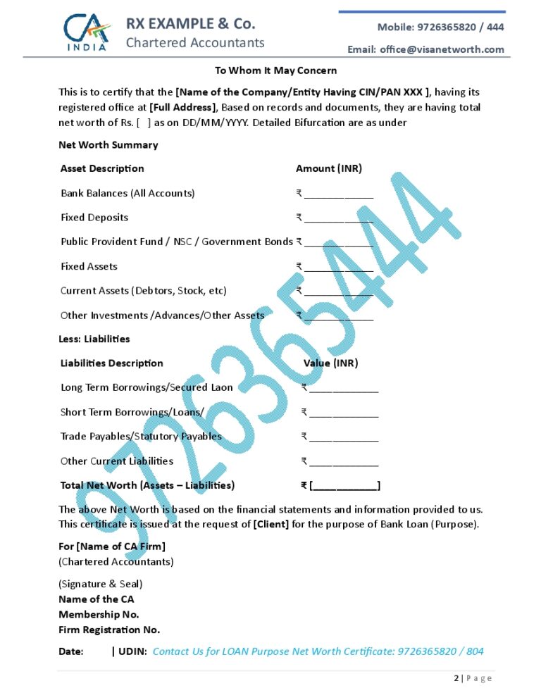 Net Worth Certificate Format for Company