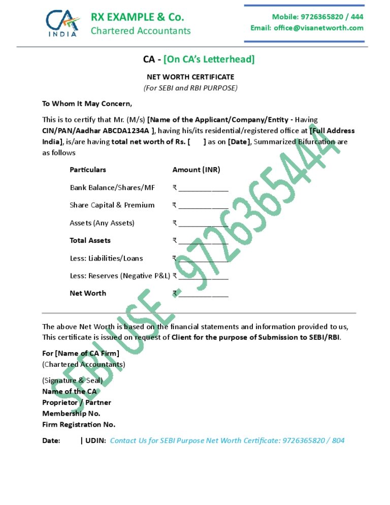Net Worth Certificate Format for SEBI Usage