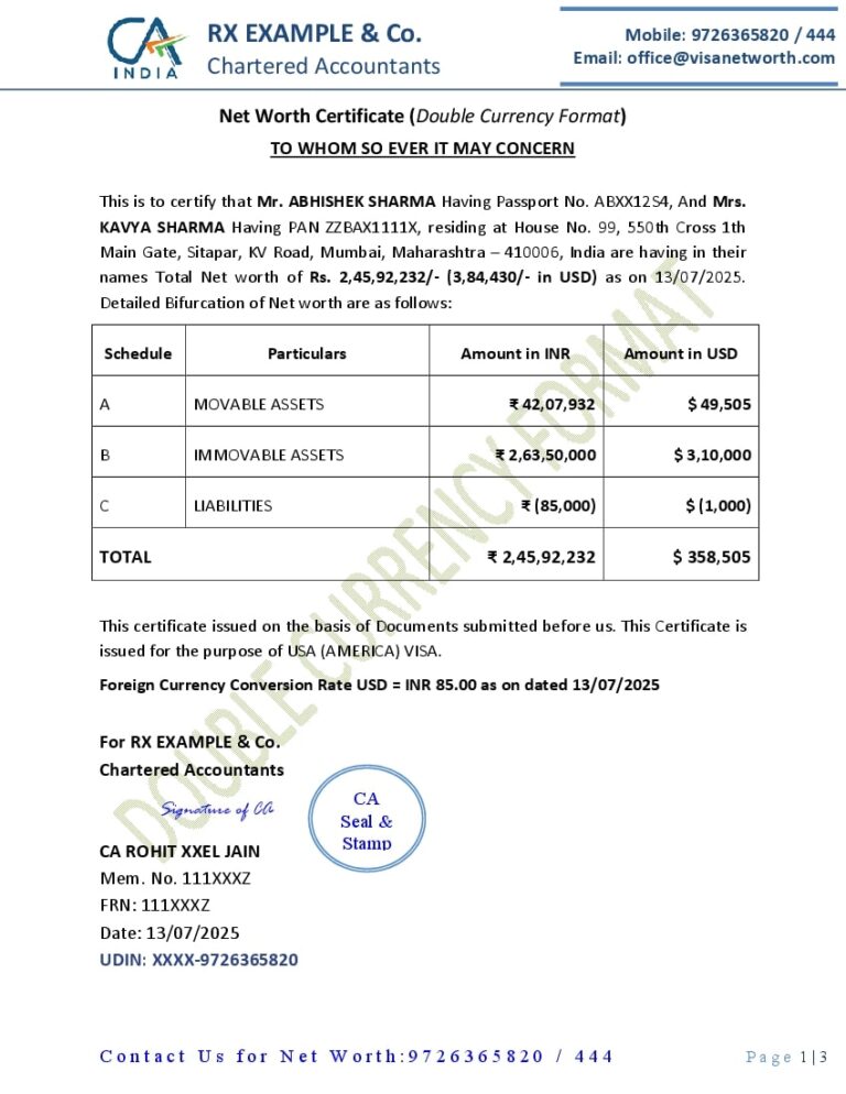 Net Worth Certificate Format for Visa - Double Currency
