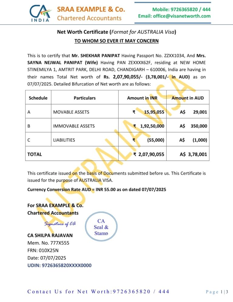 Net Worth Certificate for Australia Visa Process
