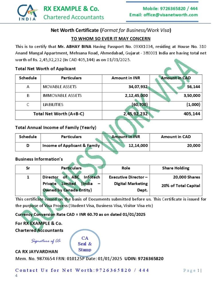 Net Worth Certificate for Business Visa Sample