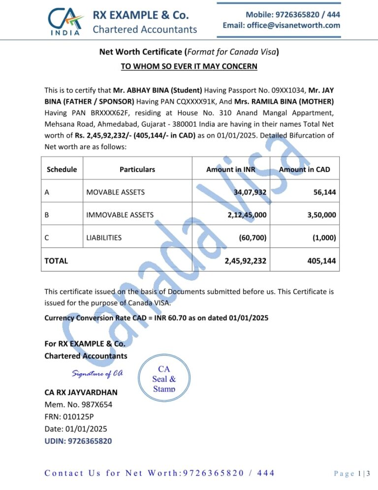 Net Worth Certificate for Canada Visa