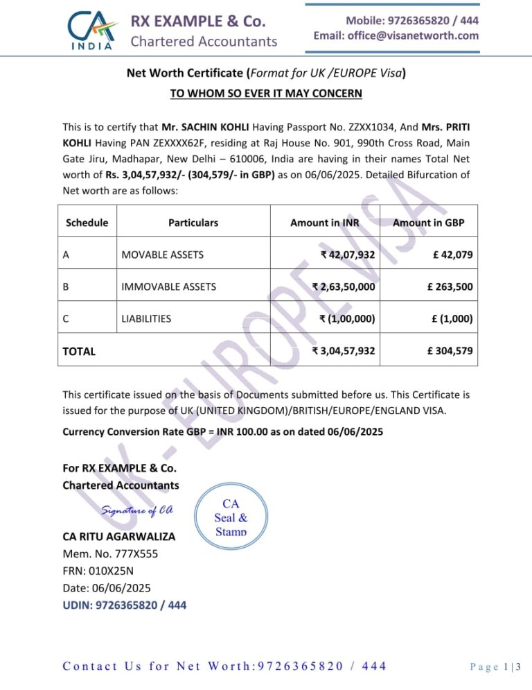 Net Worth Certificate for United Kingdom Visa