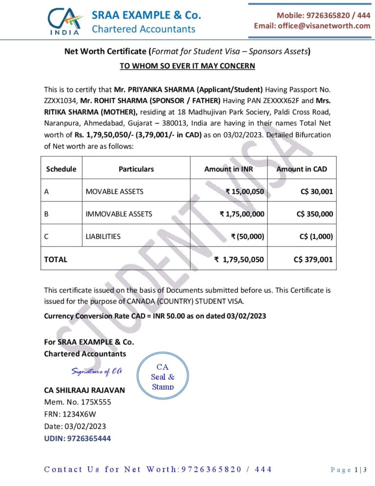 Net Worth Certificate format for Student Visa