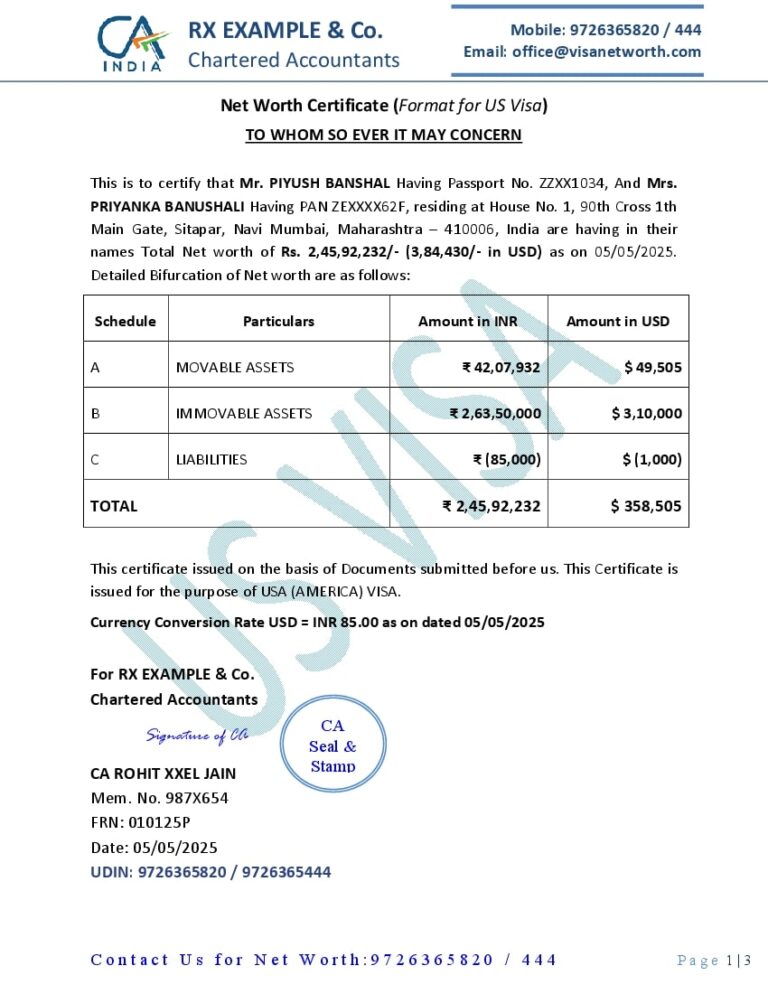 Net Worth Report for USA Visa