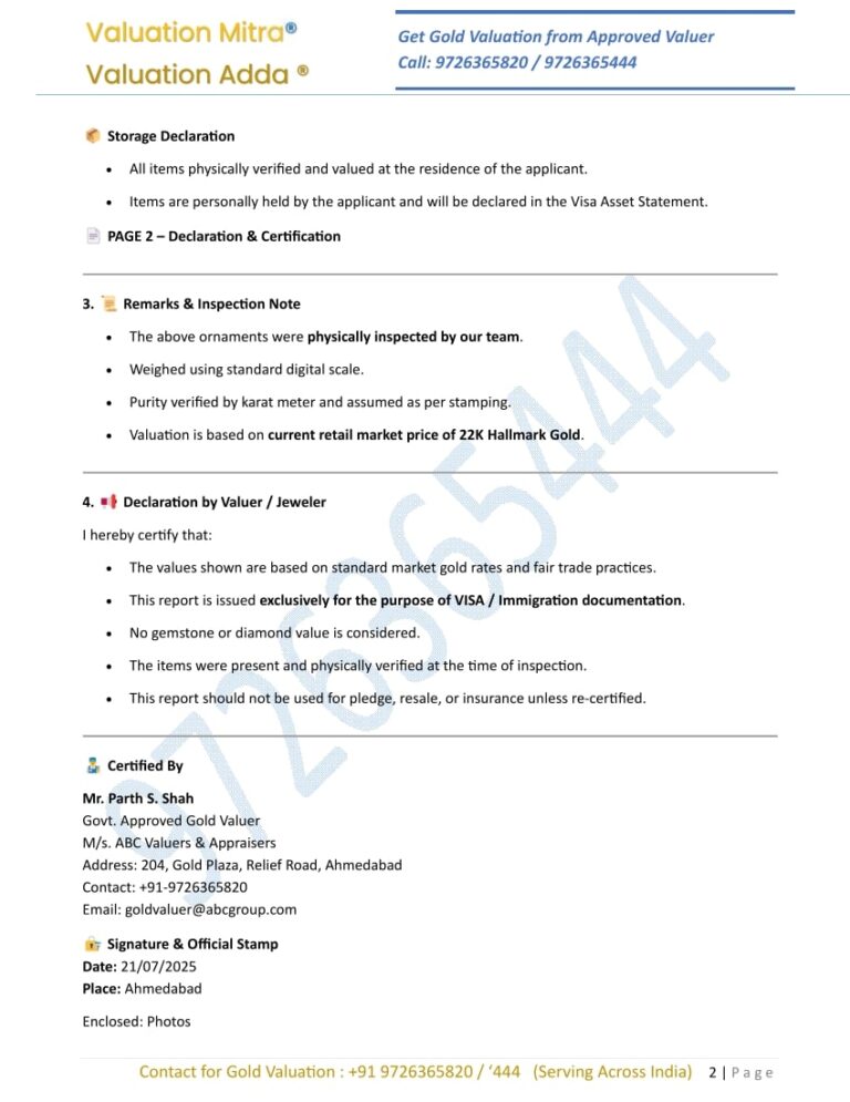 Sample Certificate of Gold Valuation Report for Visa Purpose